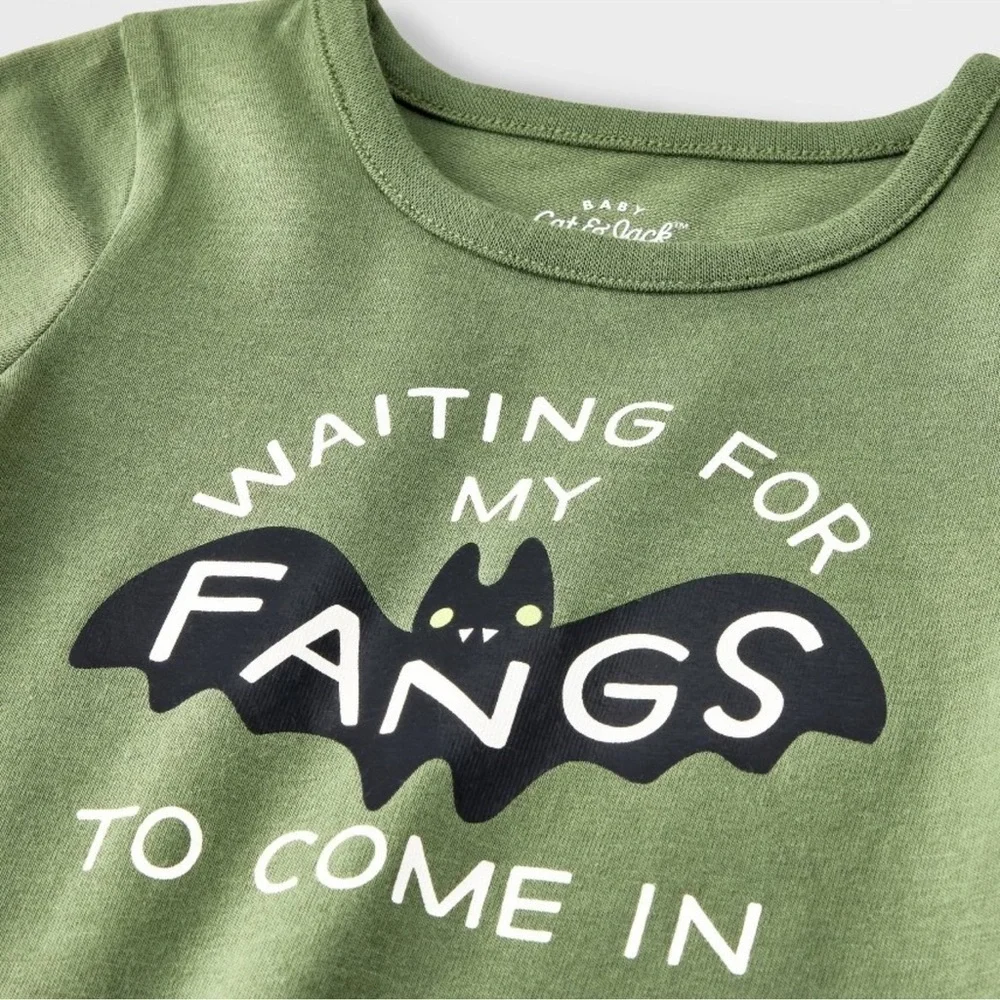 Baby Bat Graphic Romper (WAITING FOR MY FANGS TO COME IN)  - Green / 3-6 MONTHS